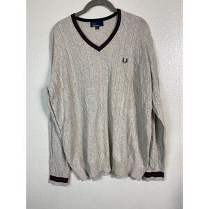 Fred Perry Cable Knit V-Neck Sweater Men Size XL Beige Fisherman Preppy Tennis